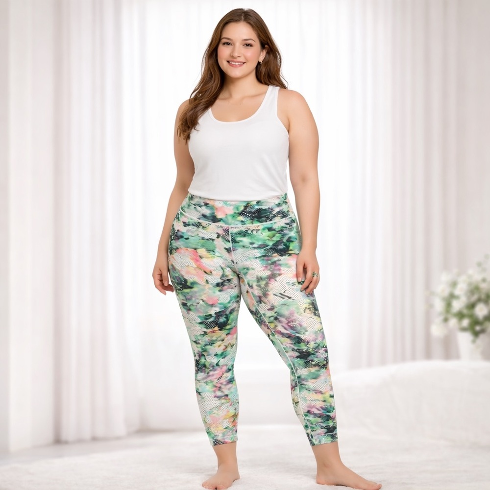 Prana Pillar 7/8 Leggings Womens XL Watercolor Abstract Mid Rise Yoga Gym Active